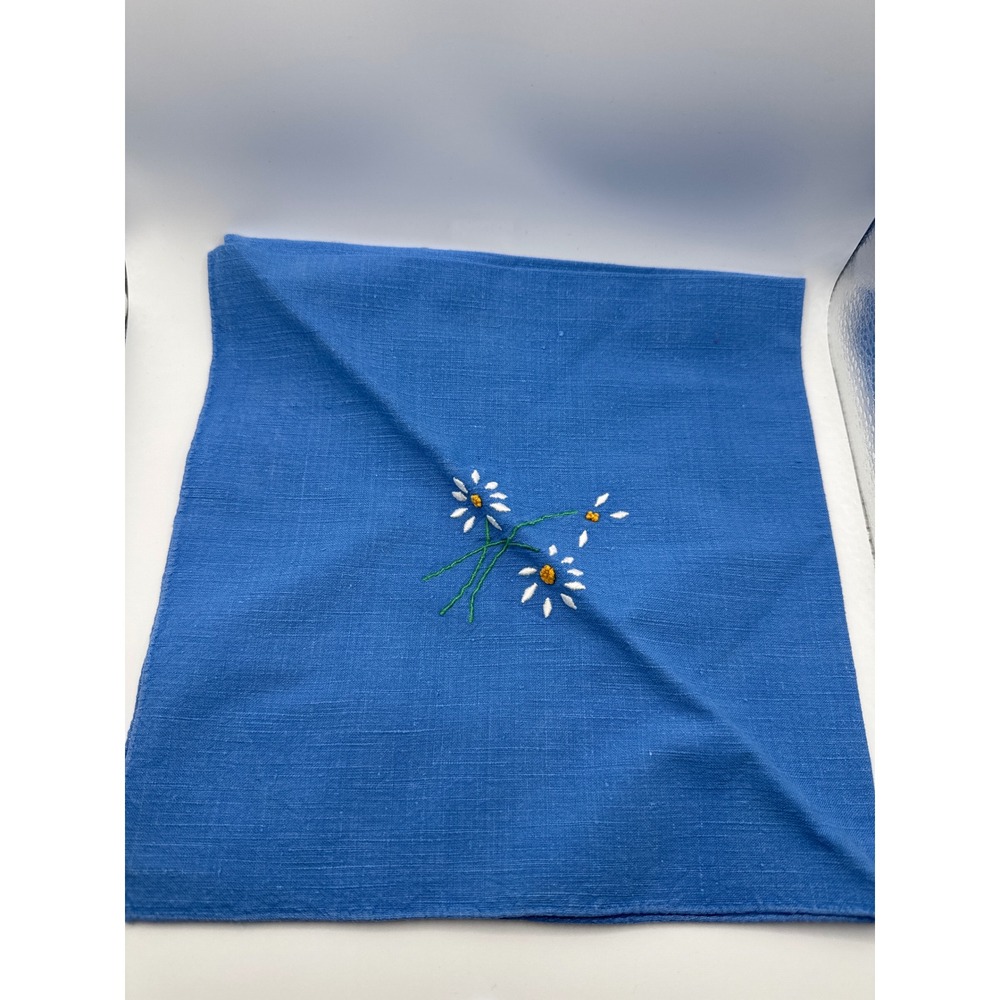 Vintage Blue Linen Napkin Hand Embroidered White Daisy Floral Square 18.5"